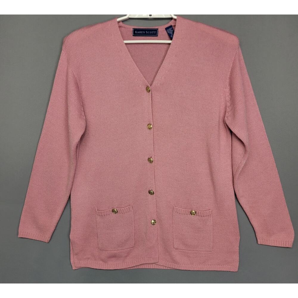 Karen Scott Kint Sweater Womens M Pink Button Front Cardigan Office Casual Layer
